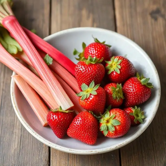 Rhubarb and strawberries representing Spring flavors.