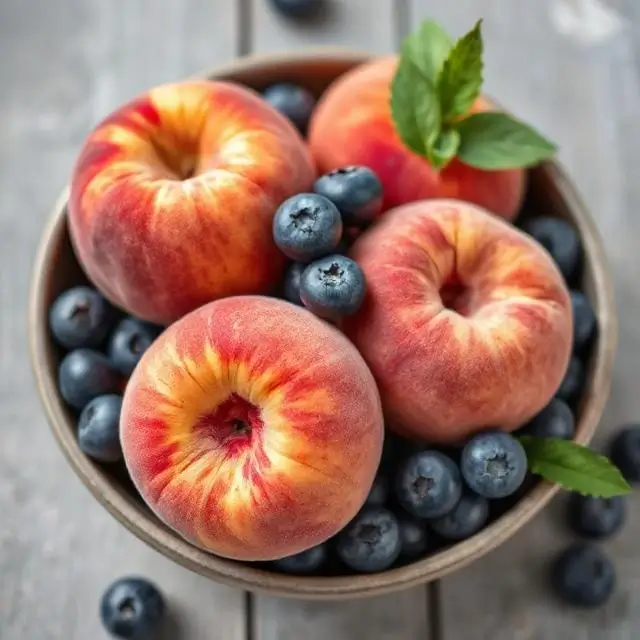 Peaches and blueberries representing Summer flavors.