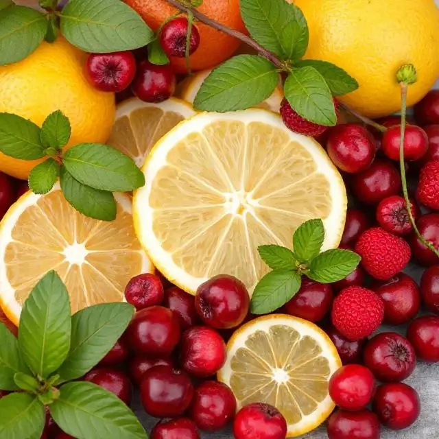 Cranberries and citrus fruits representing Winter flavors.