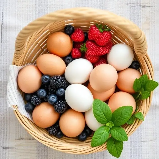 A basket of fresh, locally sourced ingredients like eggs and berries.