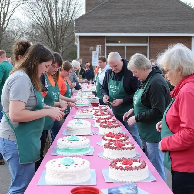 A photo from a community event with volunteers and cakes.