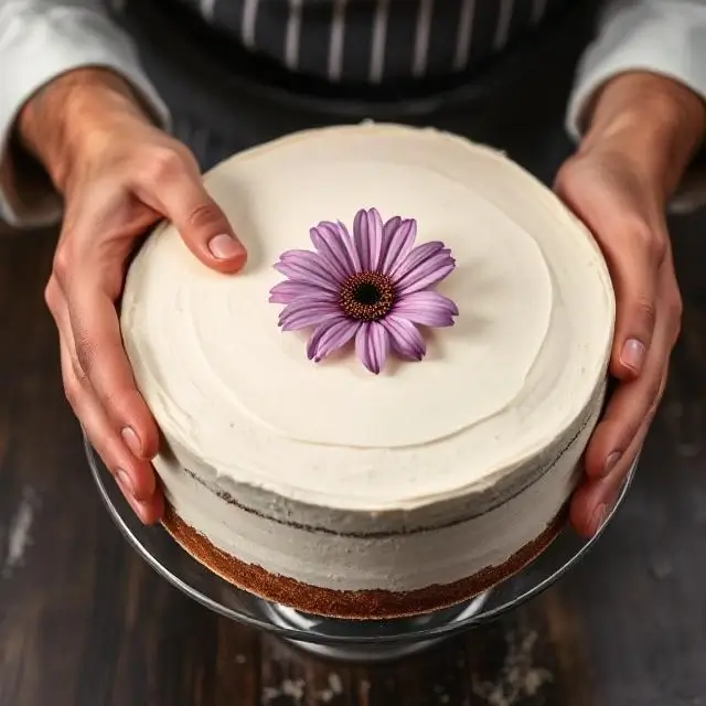 A baker's hands carefully placing a flower on a cake, symbolizing care.