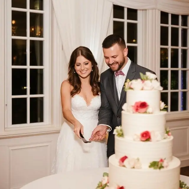 A happy couple cutting their wedding cake.