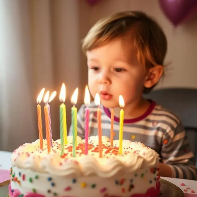 A child blowing out candles on a birthday cake.