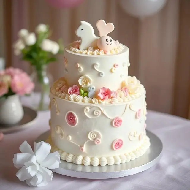 A beautiful cake at a baby shower.