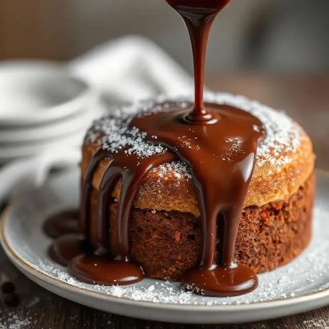 Molten chocolate being dripped down the side of a cake.