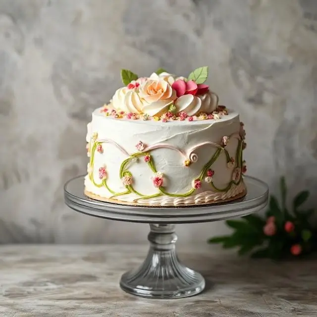 A fully decorated, beautiful cake on a stand.