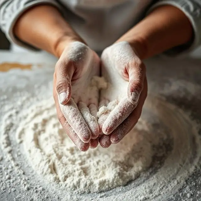A baker's hands dusted with flour.
