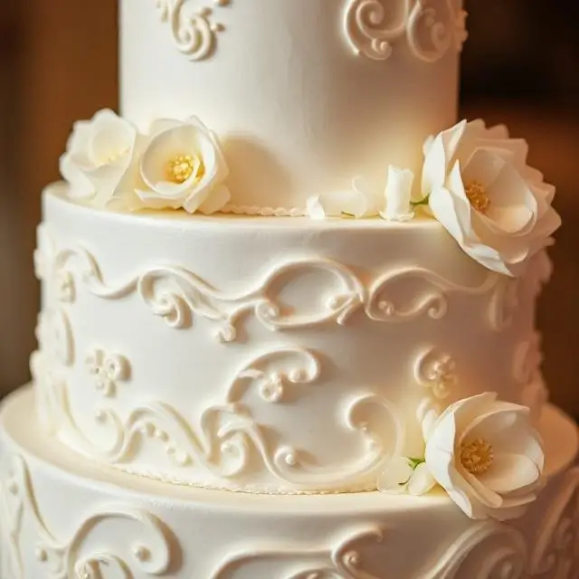 Details of an elegant wedding cake.