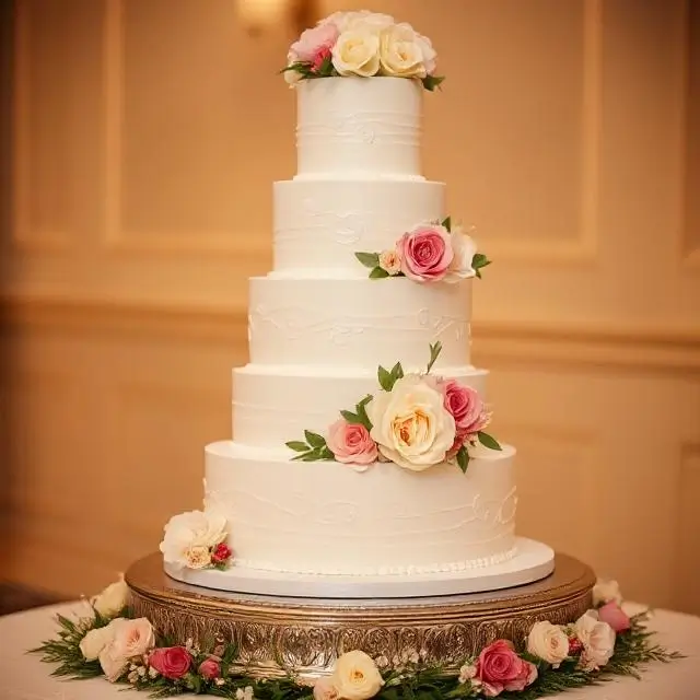 An elegant multi-tiered wedding cake with floral decorations.