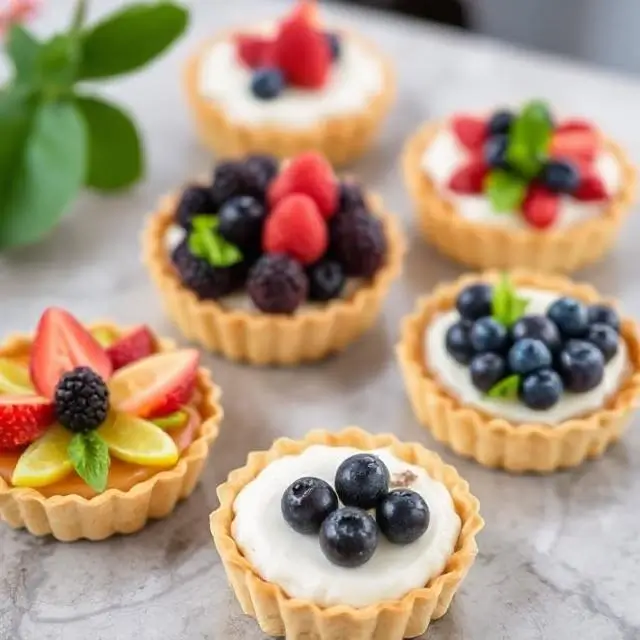 A selection of beautiful seasonal fruit tarts.