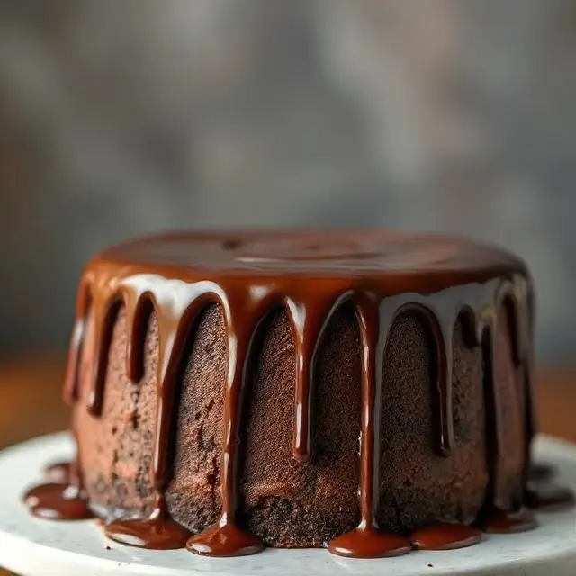 A decadent chocolate cake with a glossy drip effect.