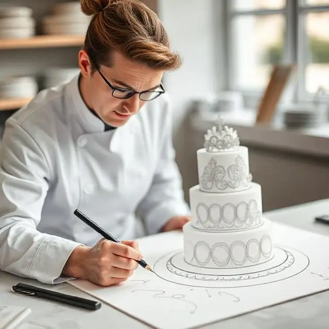 A pastry chef sketching a custom cake design.