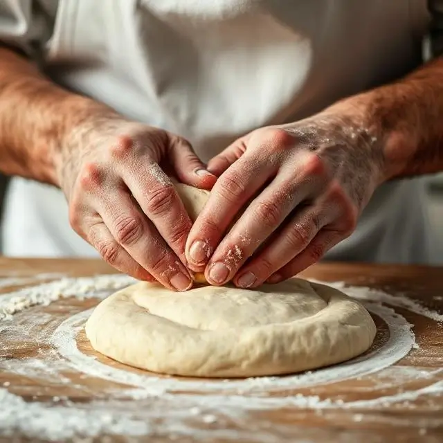 Close-up of the head baker's hands carefully working with dough.