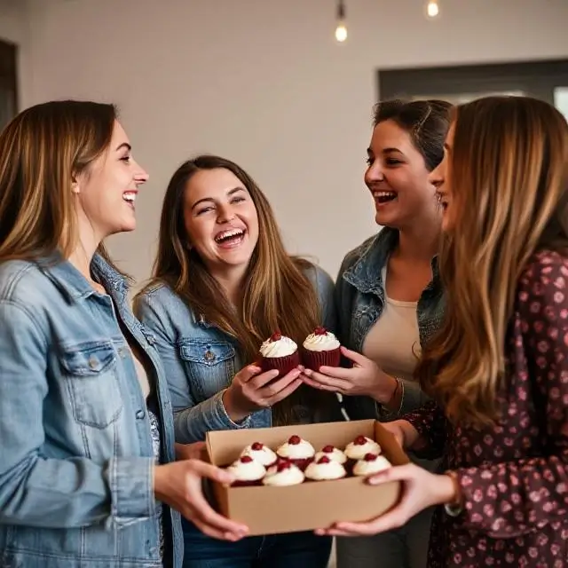 Friends laughing and sharing a box of cupcakes.