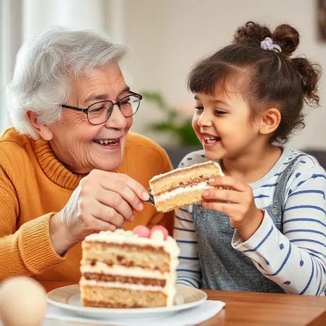 A grandparent and grandchild sharing a piece of cake.