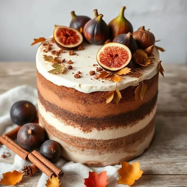 A cake decorated with autumnal themes like figs and cinnamon.