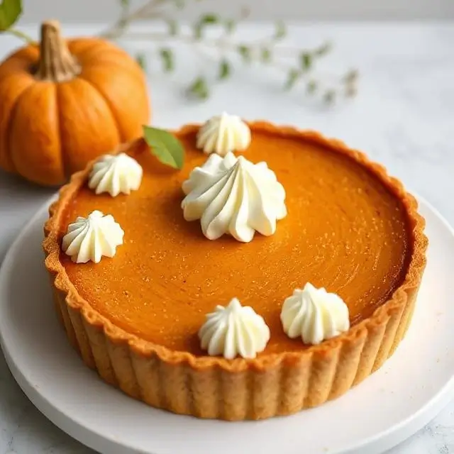 A beautiful pumpkin tart with piped cream details.