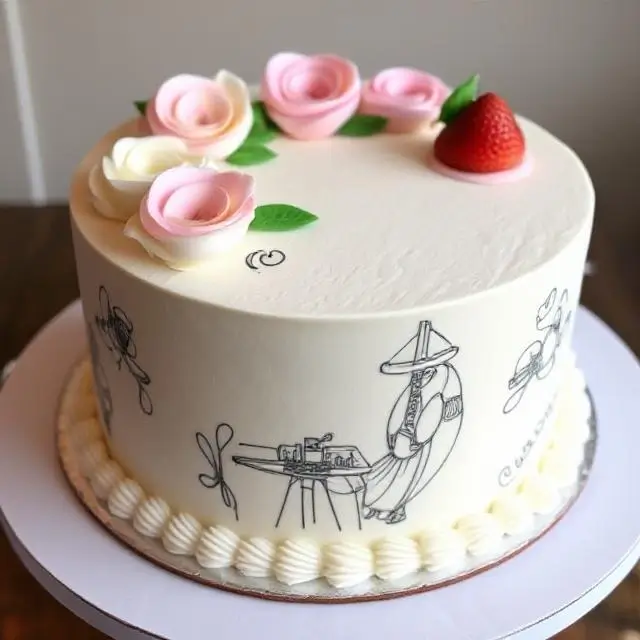 The final, beautifully decorated cake, matching the design sketch.