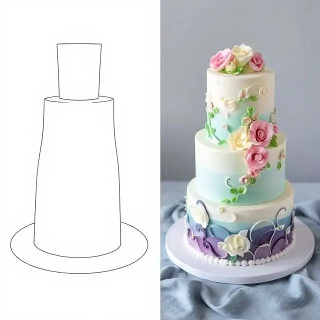A detailed design sketch of a multi-tiered celebration cake.