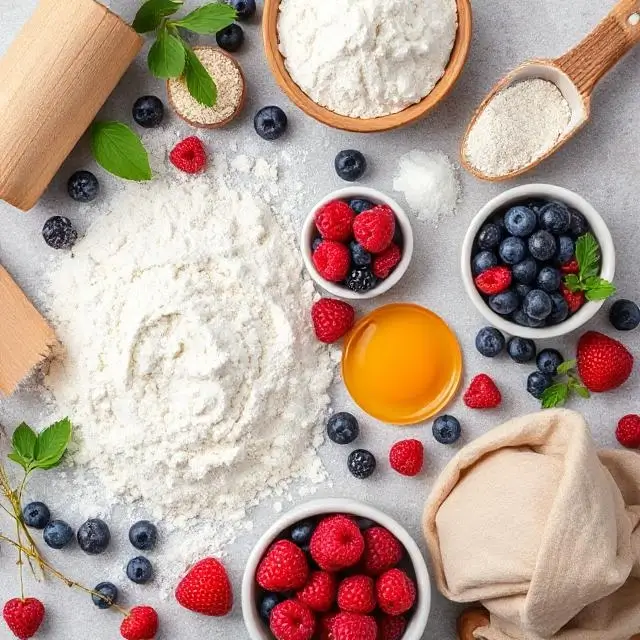 A beautiful flat lay of fresh baking ingredients like flour, eggs, and berries.