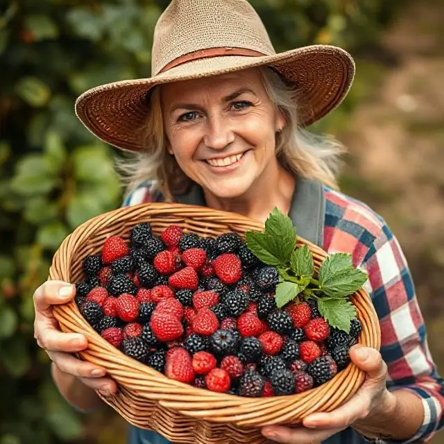A portrait of a local farmer holding a basket of fresh berries.
