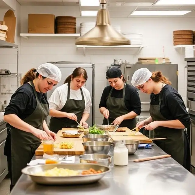 A group photo of the Sugar Honey team working in the kitchen.
